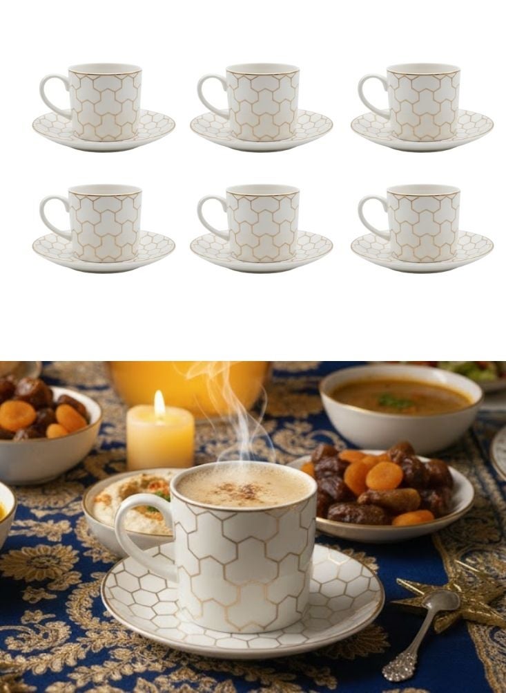 Premium Elegant White & Gold Arabic Coffee Cups with Saucers – 6 Cups Ramadan Tea Set - Image 1